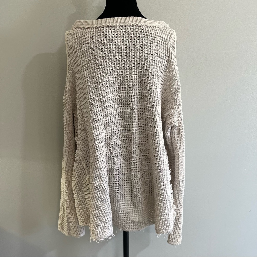 Free People Cream Ivory Off-Shoulder Raw Hem Cotton Women's Waffle Knit Sweater - Picture 6 of 12